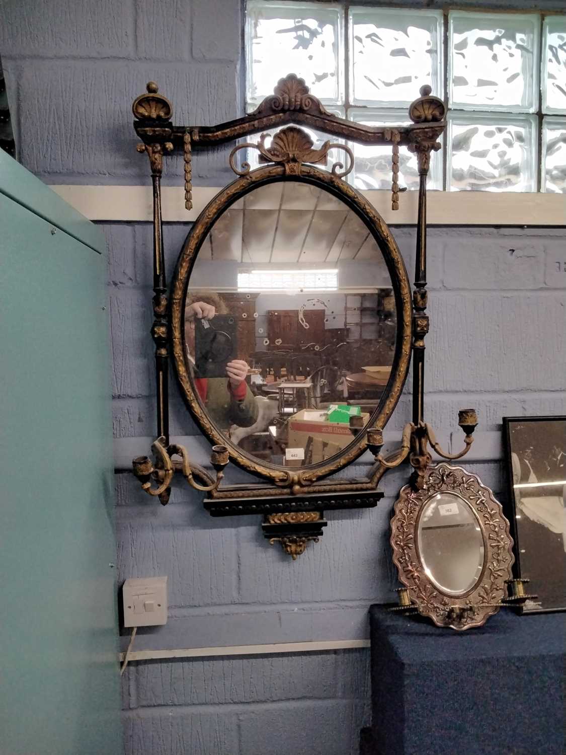 19th Century gilt and ebonised girandole type wall mirror with oval central mirror plate - Image 3 of 3