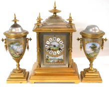 A late 19th Century clock garniture with painted gilt effect with Roman numerals and painted dial,
