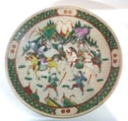A Chinese crackle ware charger decorated in famille vert style with Chinese warriors, 37cm