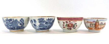 Group of four Chinese tea bowls, 18th Century, two with blue and white painted designs with gilt