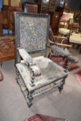 Victorian gothic style throne type chair with barley twist frame, requiring re-upholstery, 112cm