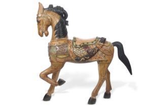 A large Italian carved wooden model of a prancing horse decorated in polychrome, approx 130cm high