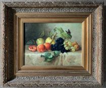 E. Valery (British, 20th century), Still life with fruit and butterfly, oil on board, signed,
