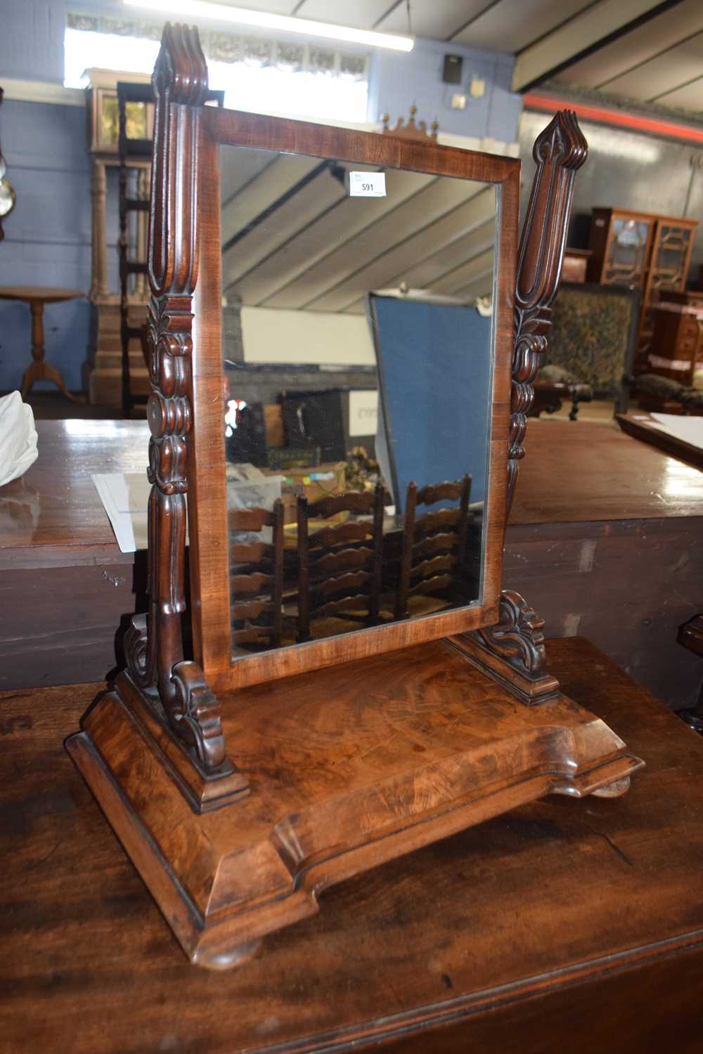 A Victorian mahogany framed swing dressing table mirror with scrolled side supports and plinth base, - Image 2 of 2