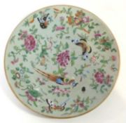A 19th Century Cantonese porcelain dish, the celadon ground with polychrome decoration of birds
