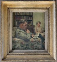 Keith Sutton (British, 20th century), An interior scene / portrait of a Mr and Mrs Locke, oil on