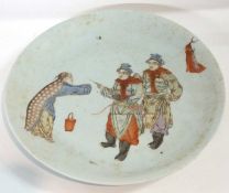 A large Chinese porcelain charger decorated with warriors in polychrome, six character mark to