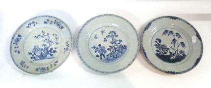 Group of three 18th Century Chinese porcelain plates all with typical blue and white designs