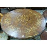 Victorian revival circular dining or centre table, the top profusely inlaid with floral detail,