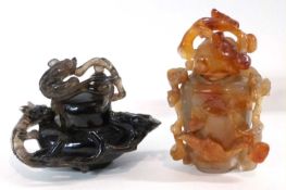 Tray containing a quantity of carved Chinese quartz figures including a box and cover, further smoky