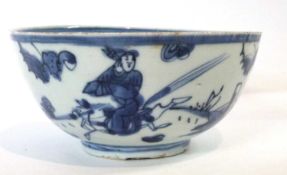 A Chinese porcelain bowl decorated in blue and white with Chinese warriors, 15cm diameter,