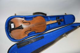 A 20th Century cased violin, unlabelled, 60cm long