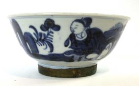 A Chinese porcelain bowl with blue and white design and metal foot rim - Inv No 325
