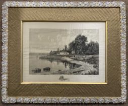 Benjamin Lander (Amercian,1842-1915), landscape etching on silk, signed in pencil lower right,
