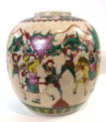 A large Chinese crackle ware jar with famille vert decoration, four character mark to base in
