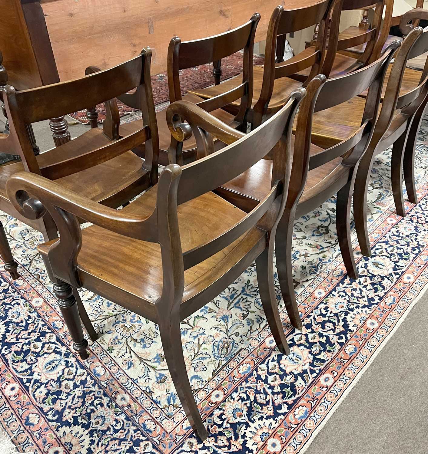 A harlequin set of late Georgian mahogany dining chairs comprising six standard chairs and four - Image 4 of 4