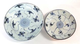 A Chinese porcelain dish Ming style with blue and white together with a smaller example, largest