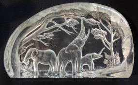 A clear glass paperweight block with frosted glass design of elephants in Orrefor style, 20cm in