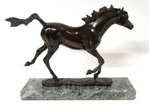 Bronzed model of a stallion, impressed Osborne 87, on rectangular onyx base, the model 23cm long