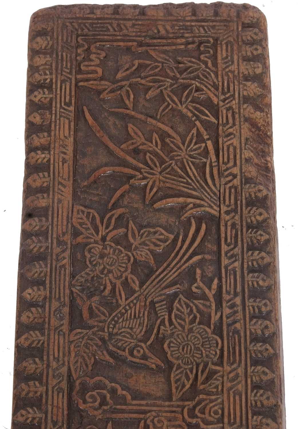 An antique Chinese wooden printing block decorated with figures, birds and foliage, 45 x 9cm - Image 6 of 7