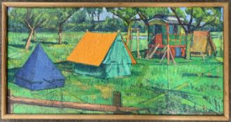Geoffrey M.Vivis (British, 1944-2005), camping site with travellers wagon, oil on board, signed,