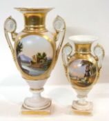 Pair of continental porcelain vases, possibly Paris painted with landscape designs, the reverse with