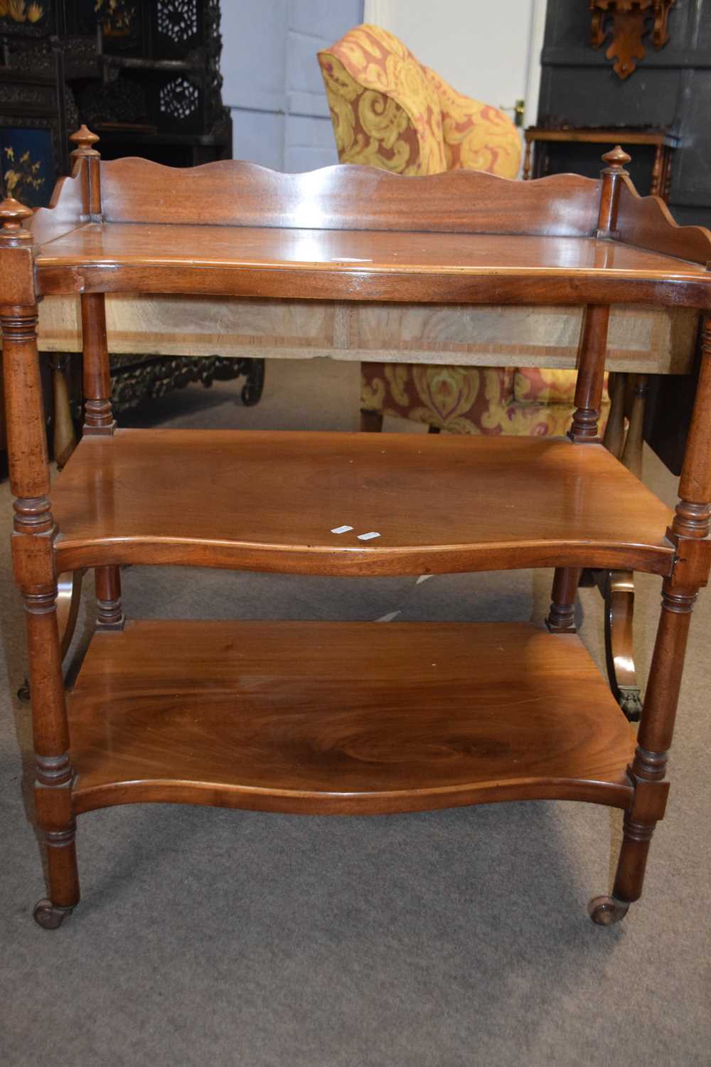 Victorian serpentine front mahogany three tier side table or what not, 70cm wide - Image 2 of 2