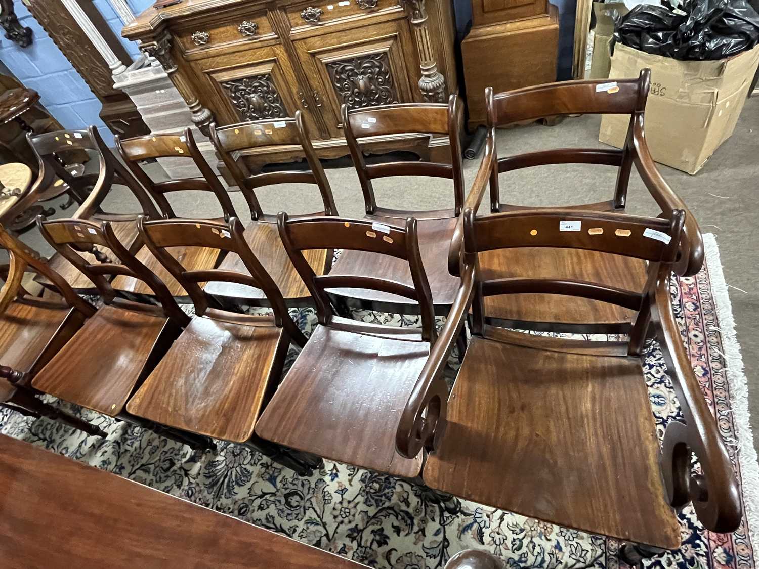 A harlequin set of late Georgian mahogany dining chairs comprising six standard chairs and four - Image 3 of 4
