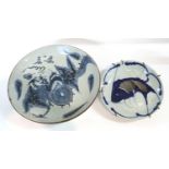 A Chinese porcelain dish with dragon decoration together with a further Japanese dish with fish