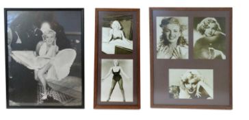 Three framed photos of Marilyn Monroe in various poses, all in wooden frames
