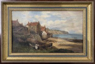 D.Knight (British 20th century), Robin Hoods Bay, North Yorkshire, Coastal scene, oil on canvas,