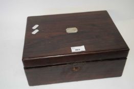 Victorian rosewood writing box of hinged rectangular form with fitted interior and fabric covered
