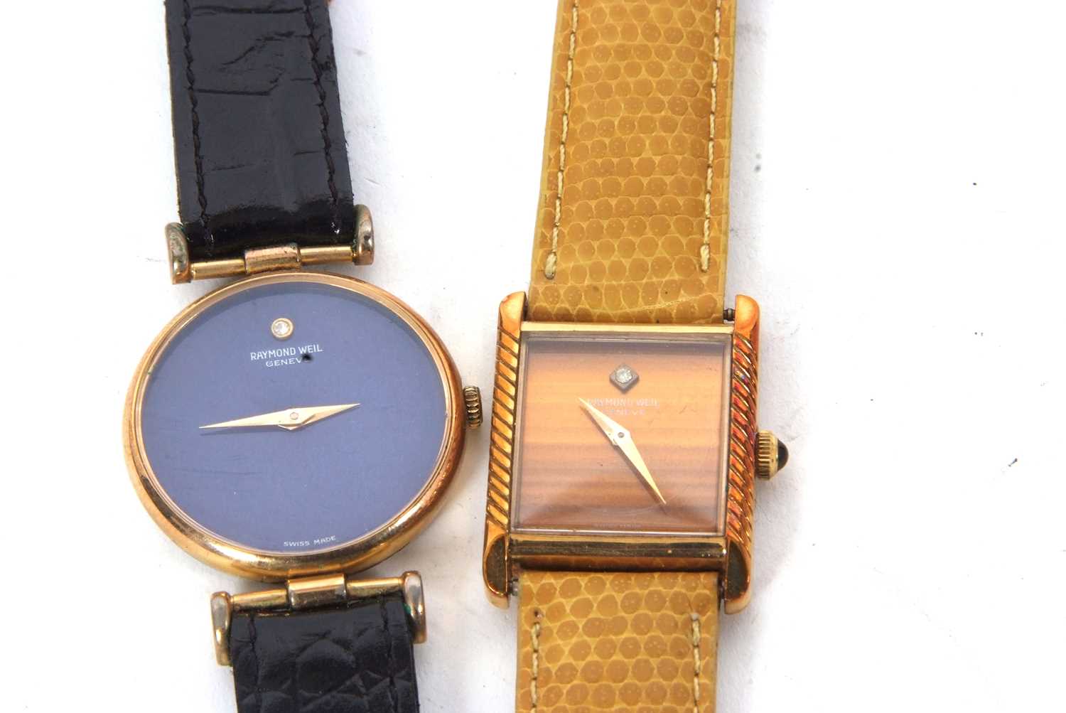 Two Raymond Weil wristwatches, one with a blue dial and the other with a tigers eye style dial, both - Image 2 of 3