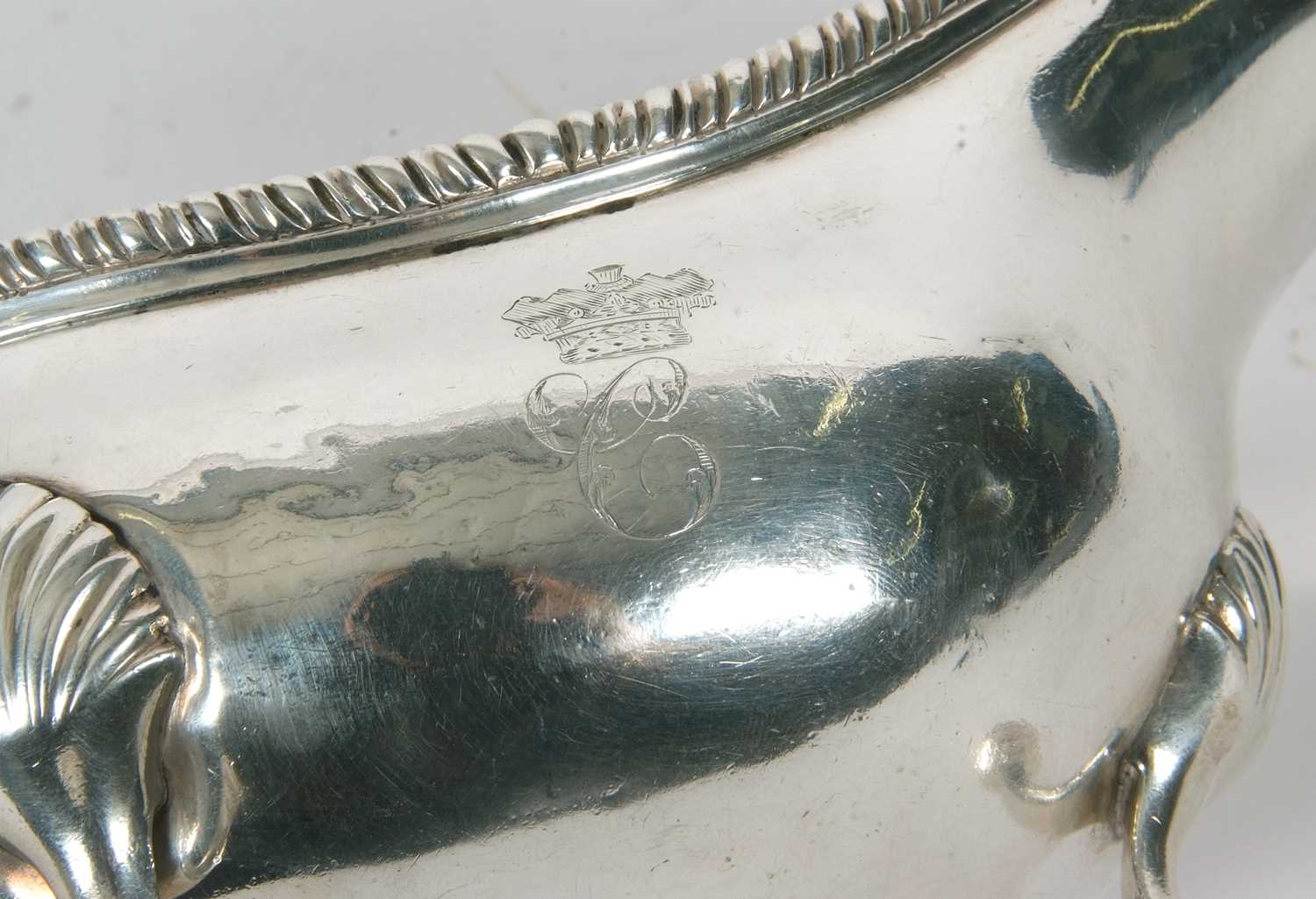 A George III silver large sauce boat of typical form, gadrooned border, leaf-capped scroll handle, - Image 3 of 4