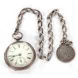 A silver pocket watch with silver watch chain, suspending a mounted two and a half shilling coin