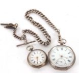 Two pocket watches, one silver gents open face pocket watch with silver albert chain, both the