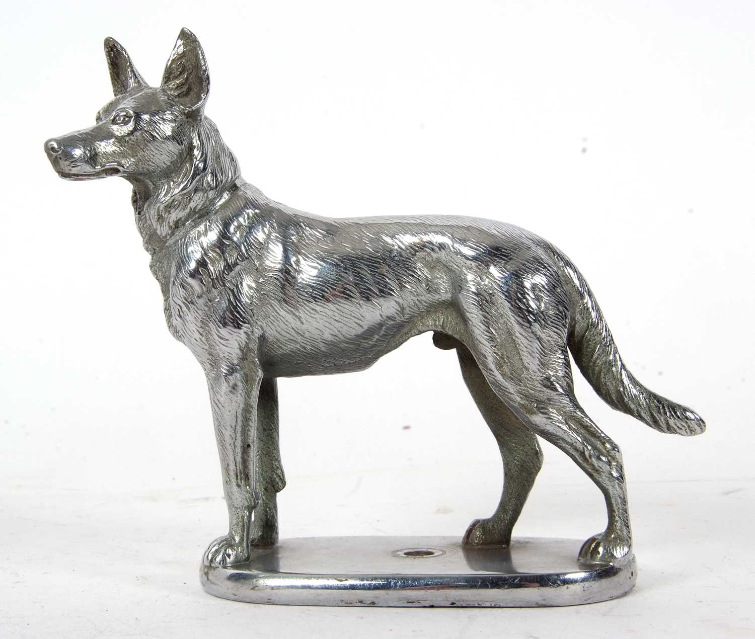 Vintage chrome car mascot in the form of an Alsation, 14cm long, 12cm tall with accompanying - Image 2 of 9