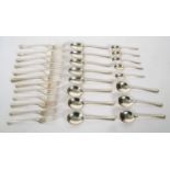 A part set of Hanovarian rat-tail flat ware to include six table forks, six dessert forks, six