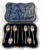 A cased set of six silver apostle teaspoons and tongs, London 1902, makers mark William Hutton &