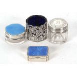 Mixed Lot: A white metal and enamelled top pill box of rectangular form, the lid with a light blue