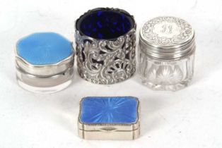 Mixed Lot: A white metal and enamelled top pill box of rectangular form, the lid with a light blue