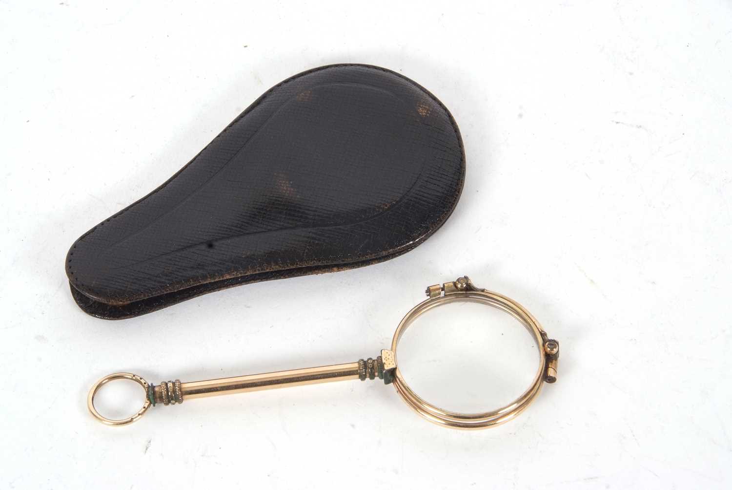 A pair of antique Lorgnette folding glasses, gold plated, in a leather pouch, 12cm long - Image 3 of 3