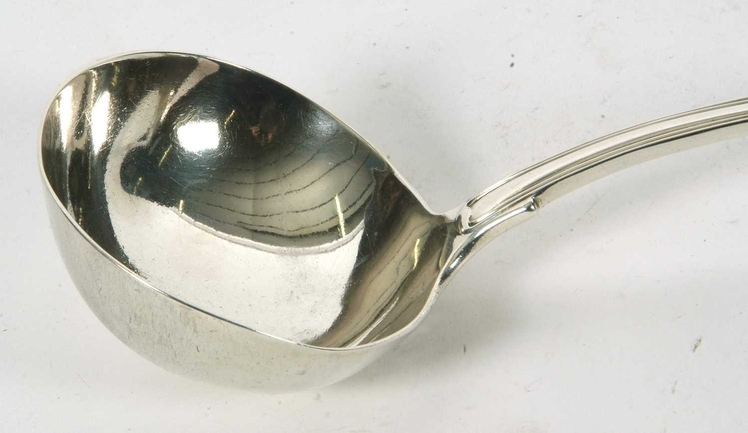 A Victorian fiddle, thread and shell pattern soup ladel having an oval shape bowl, handle engraved - Image 3 of 5