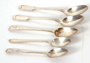 A group of five various teaspoons, three hallmarked and two white metal examples, g/w 100gms