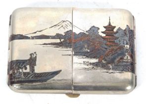 A sterling cigarette case of rectangular form with etched Japanese river/landscape view back and