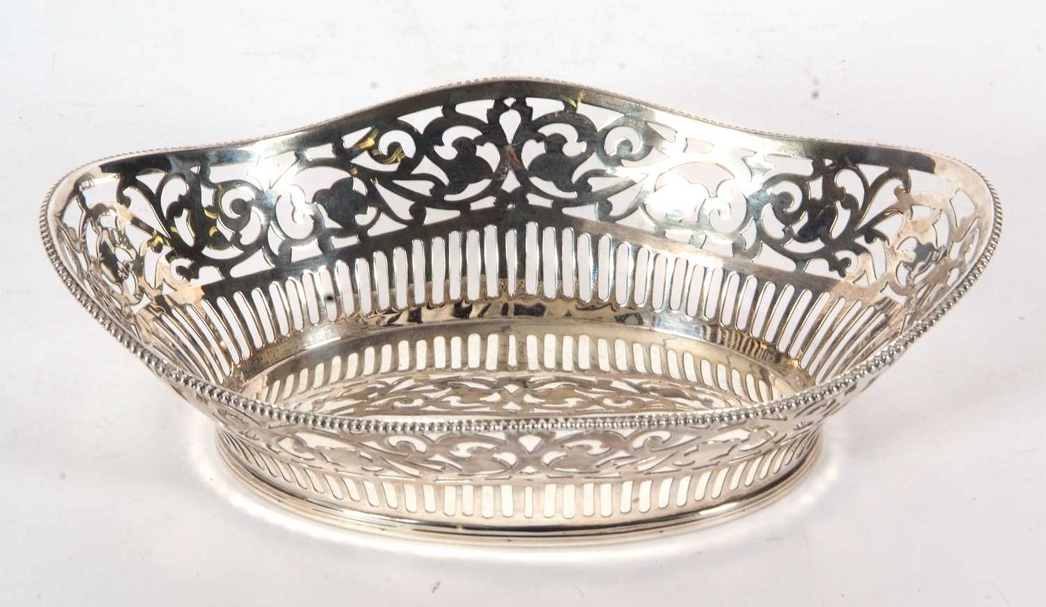 A silver basket of navett form pierced geometric designed sides and beaded rim, import mark for - Image 2 of 2