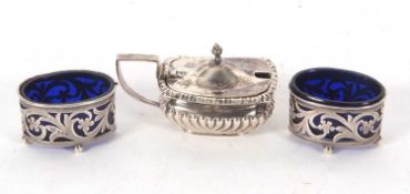 Mixed Lot: Victorian silver mustard with blue glass liner, part fluted decoration, hallmarked