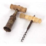 Mixed Lot: A Thomason type brass barrel corkscrew applied with a royal coat of arms, turned bone