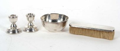 Mixed Lot: George V silver sugar bowl of squat circular plain form, London 1922, makers mark rubbed,