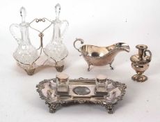 Mixed Lot: A Victorian silver plated double ink stand and stick holder, 29cm long (a/f), a large